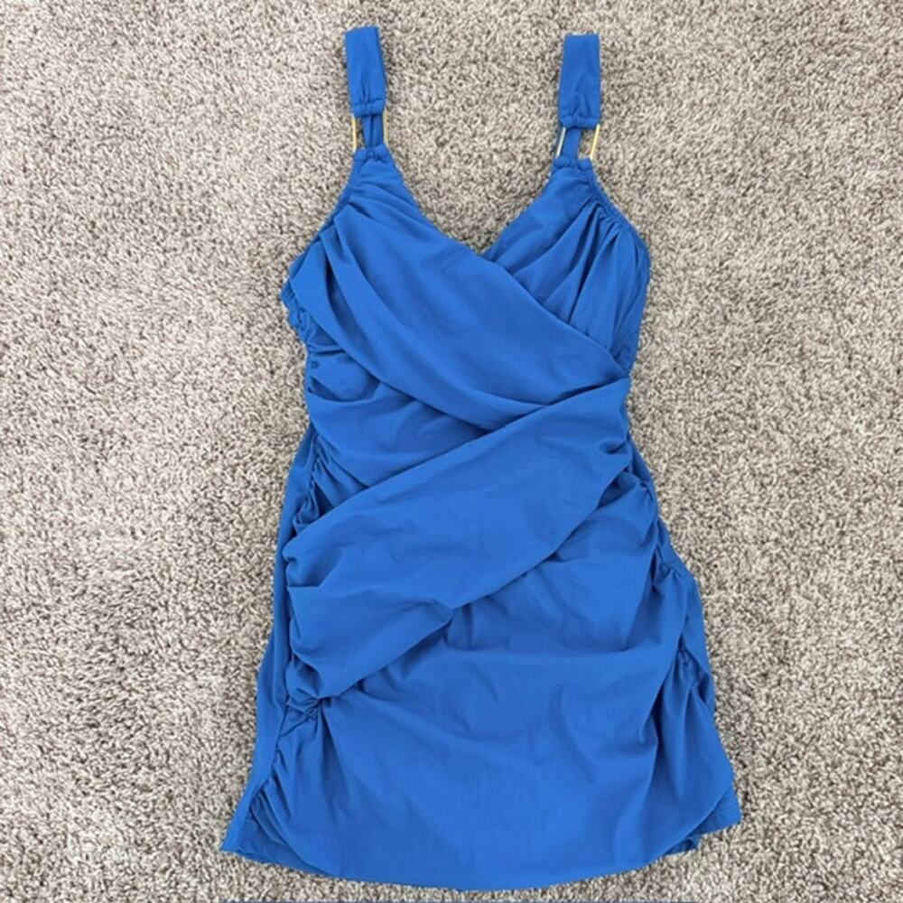 SPANX One-Piece Swimsuit Bayside Blue Draped Swim Dress Shelf Bra Women's 8